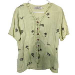 Potato Clothing Vintage Linen Top L Retro Tropical Palms Cottagecore‎ Beach 90s